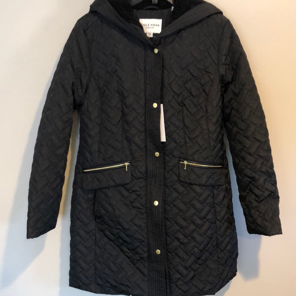 Cole Haan black quilted hooded winter coat Sz med